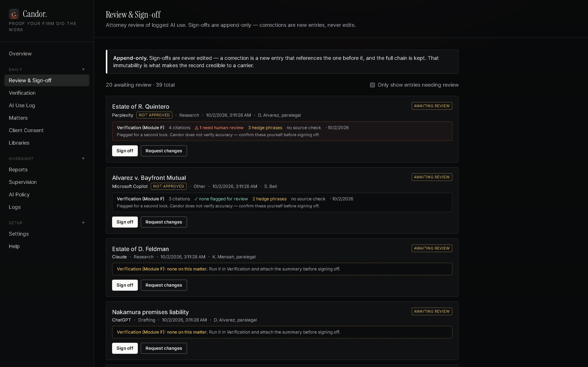 Candor’s review screen: AI uses awaiting attorney sign-off, with citations and hedge phrases flagged
